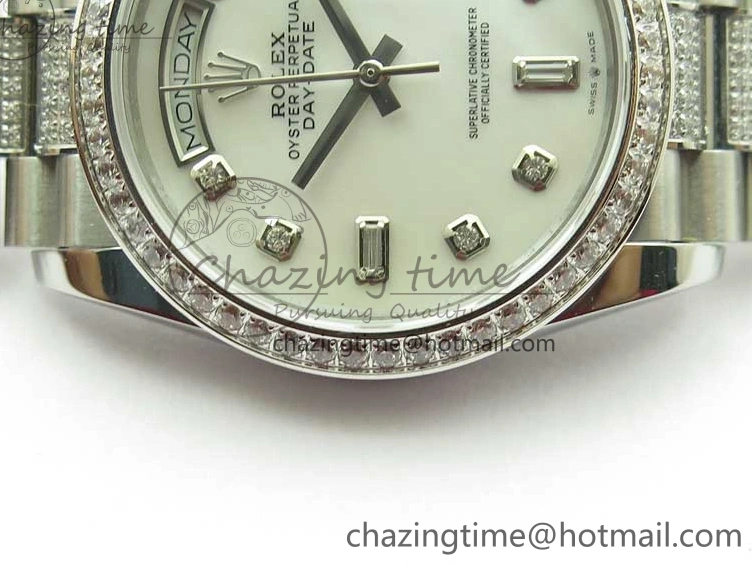 MiroTime 0128 Day-Date 36mm 128239 SS Crystal BP Best Edition White MOP Crystal Marker Dial on SS President Bracelet A MoistureWicking 2682